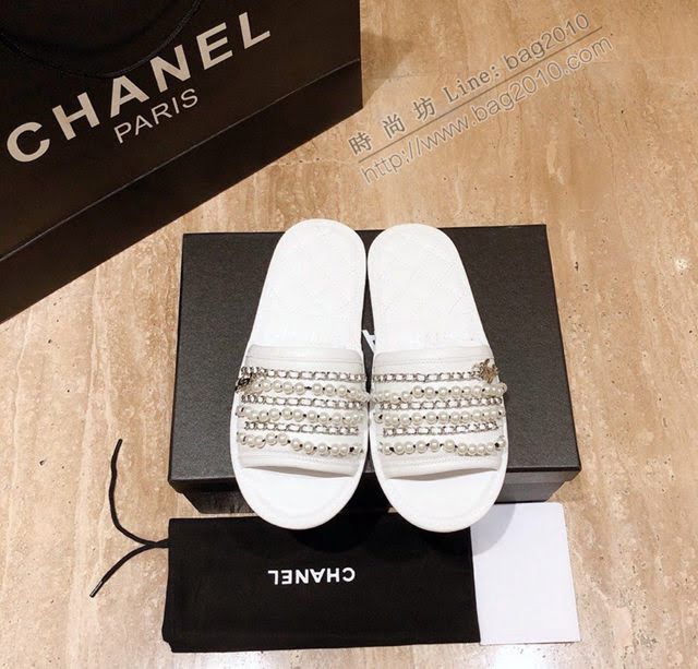 Chanel女鞋 香奈兒2020新款珍珠鏈條拖鞋  naq1292